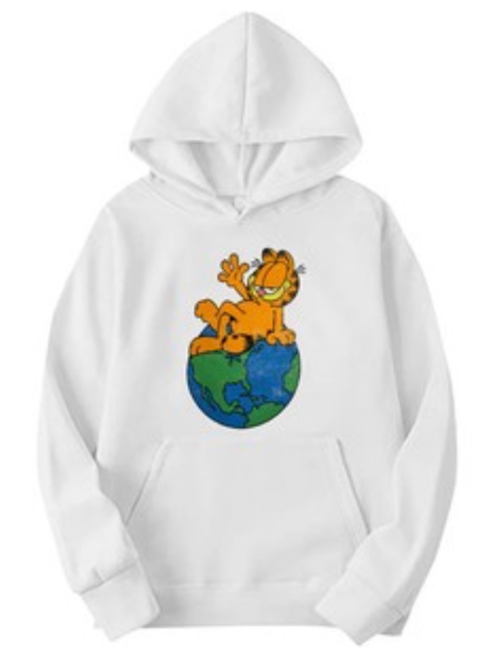 White Garfield pull-over hoodie graphic Garfield lounging on top of Earth New